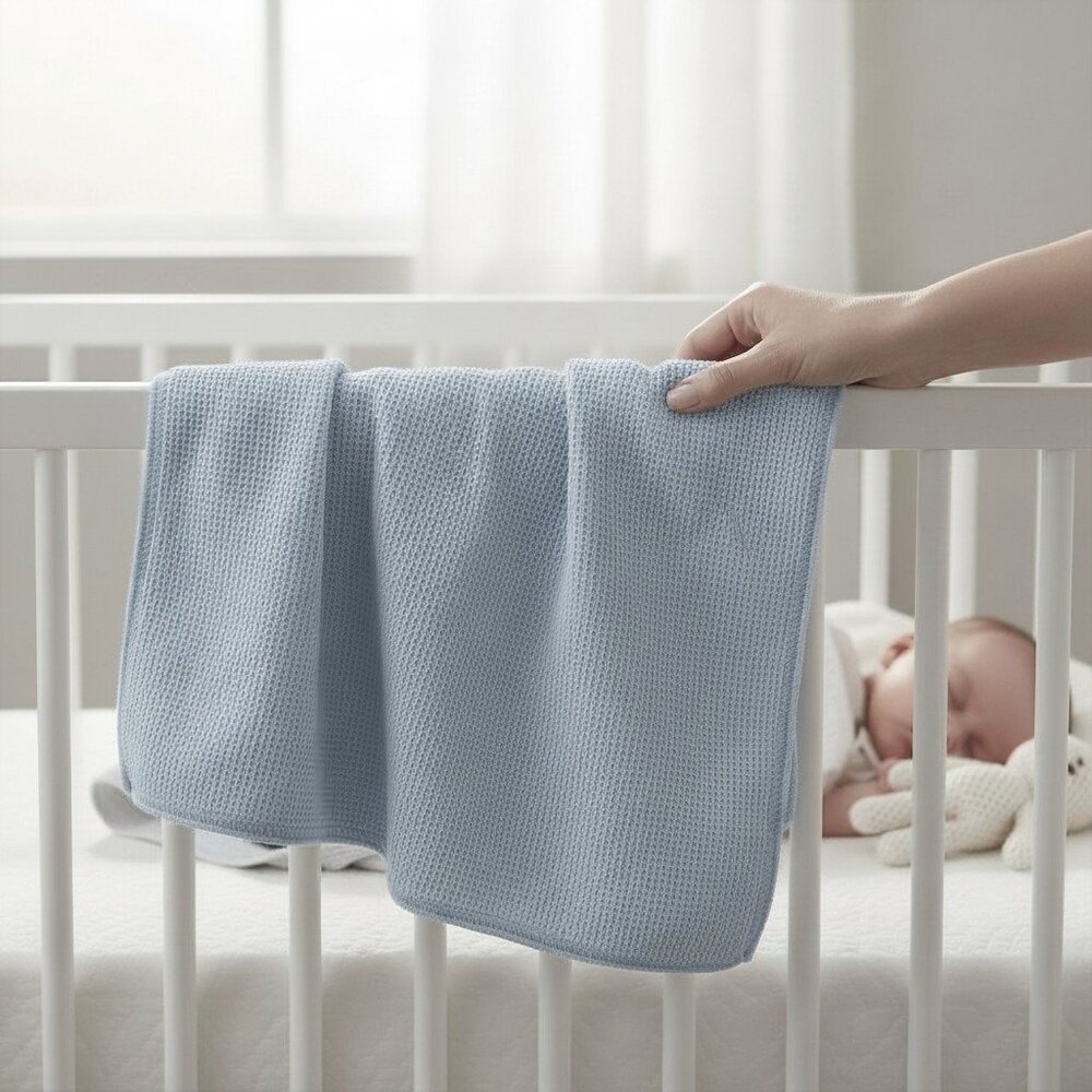 VTG Carters Baby Blanket Blue Cotton Thermal Waffle Weave USA MADE‎